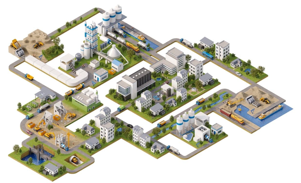 Schéma du parcours industriel Vicat : cimenterie, carrière et centrale à béton